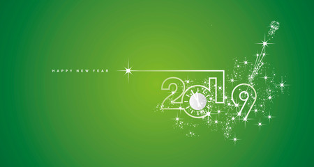 New Year 2019 line design silver clock sparkle firework champagne white green vector