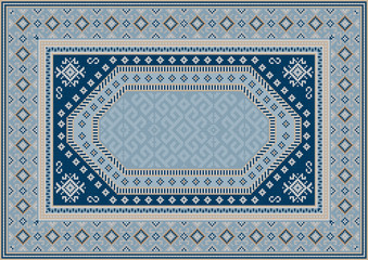 Vintage luxury oriental carpet in bluish tones with patterns of navy blue, beige and yellow color
