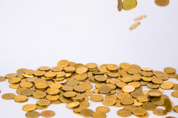 Movement of falling gold coin, flying coin, rain money with soft shadow on white background, business and financial wealth and take profit concept.