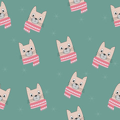 Cute seamless pattern of cats with winter scarf