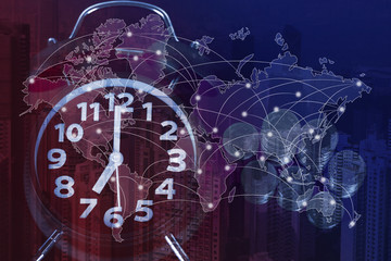 Double exposure of coin stack and alarm clock with city background and world map, financial graph, world map and global network business concept idea.