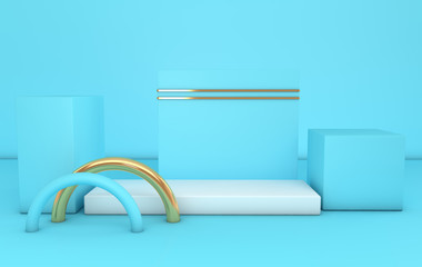 3d rendered white, gold and blue geometric shapes, podium in the room. Pastel color platforms for product presentation. Abstract pastel colored composition in modern minimal design