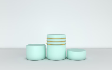 Abstract geometric background with primitive shapes cylinder  podium, blank poster. Empty showcase, shop display in pastel colors and gold. 3D render platforms for product presentation