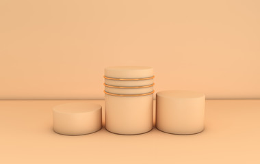 Abstract geometric background with primitive shapes cylinder  podium, blank poster. Empty showcase, shop display in pastel colors and gold. 3D render platforms for product presentation