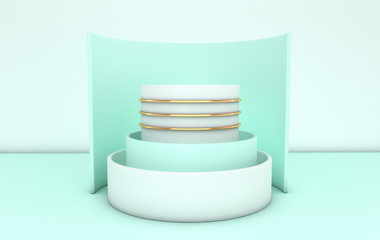 3d rendered white, green and gold geometric primitive shapes in the room, cylinder podium.  Abstract composition in modern minimal design
