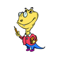 Happy dinosaur with pencil in hand and bag in other hand with glasses and suit.