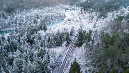 Train Oslo - Bergen in mountains. Hordaland, Norway.