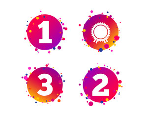 First, second and third place icons. Award medal sign symbol. Gradient circle buttons with icons. Random dots design. Vector