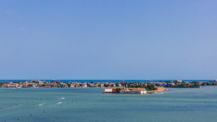 Lido island viewed from top of the San Giorgio Maggiore bell tower, in Venice, Italy