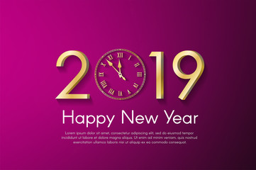 Golden New Year 2019 concept on pink background. Vector greeting card illustration with golden numbers and vintage clock