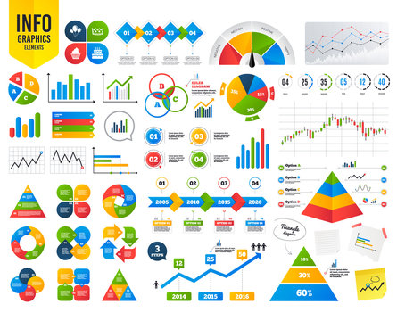 Business infographic. Birthday crown party icons. Cake and cupcake signs. Air balloons with rope symbol. Financial chart. Time counter. Infographic vector
