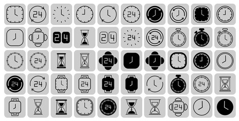 Grey clock line icons isolated on white. Black and white simple watches pack. Time concept. Vector illustration