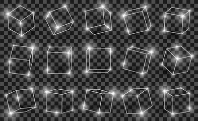 Silver shiny 3D cubes pack isolated on transparent background. Different light, perspective and angle. Glowing white metal 3d frames set. Vector illustration