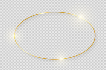 Gold shiny glowing vintage frame with shadows isolated on transparent background. Golden luxury realistic oval border. Vector illustration