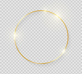 Gold shiny glowing vintage frame with shadows isolated on transparent background. Golden luxury realistic round border. Vector illustration