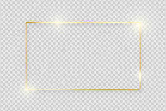 Gold shiny glowing vintage frame with shadows isolated on transparent background. Golden luxury realistic rectangle border. Vector illustration