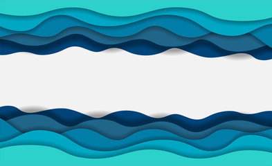 Blue water waves layered art paper card. 3D origami design. Vector illustration