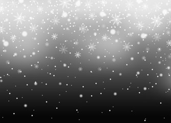 Realistic falling snow isolated on black background. Winter sky pattern. White snowfall texture. New year and Xmas concept. Snowflake effect. Vector illustration