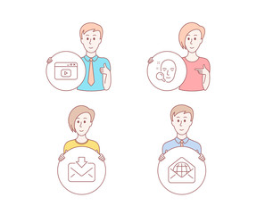 People hand drawn style. Set of Incoming mail, Video content and Face search icons. Web mail sign. Download message, Browser window, Find user. World communication.  Character hold circle button