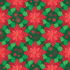 Vector Red Poinsettia with snowflakes and stars seamless pattern background.