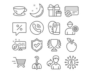 Set of Delivery shopping, Winner and Surprise package icons. Engineer, Face biometrics and Hiring employees signs. Discount message, Change card and Espresso symbols. Winner vector