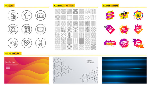 Seamless pattern. Shopping sale banners. Set of Accepted payment, Euro currency and Certificate icons. Music book, Upload and Portfolio signs. Calendar, Wish list and Security agency symbols. Vector - Powered by Adobe