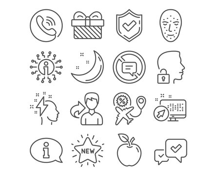 Set of Flight sale, Face biometrics and Approve icons. New star, Information and Brainstorming signs. Gift, Stop talking and Unlock system symbols. Vector