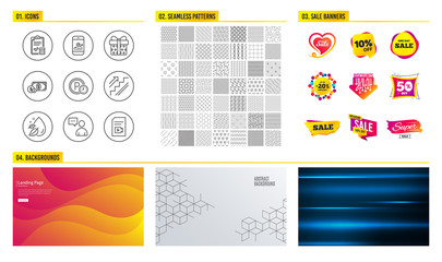 Seamless pattern. Shopping sale banners. Set of Users chat, Parking time and Stairs icons. Gift box, Water drop and Smartphone statistics signs. Vector