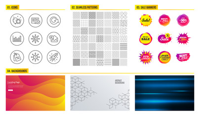 Seamless pattern. Shopping mall banners. Set of Column chart, World time and New mail icons. Approved documentation, Reload and Discount tags signs. Vector