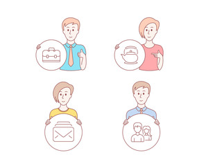 People hand drawn style. Set of Mail, Teapot and Portfolio icons. Couple sign. New messages, Tea kettle, Business case. Male and female.  Character hold circle button. Man with like hand. Vector