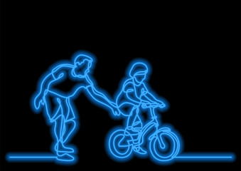 one line drawing of father helping child to drive bicycle with neon vector effect