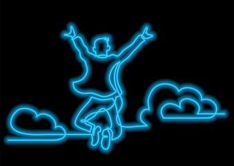 one line drawing of happy man jumping higher clouds with neon vector effect