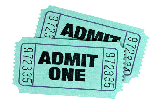 Two green admit one movie tickets isolated on white background.