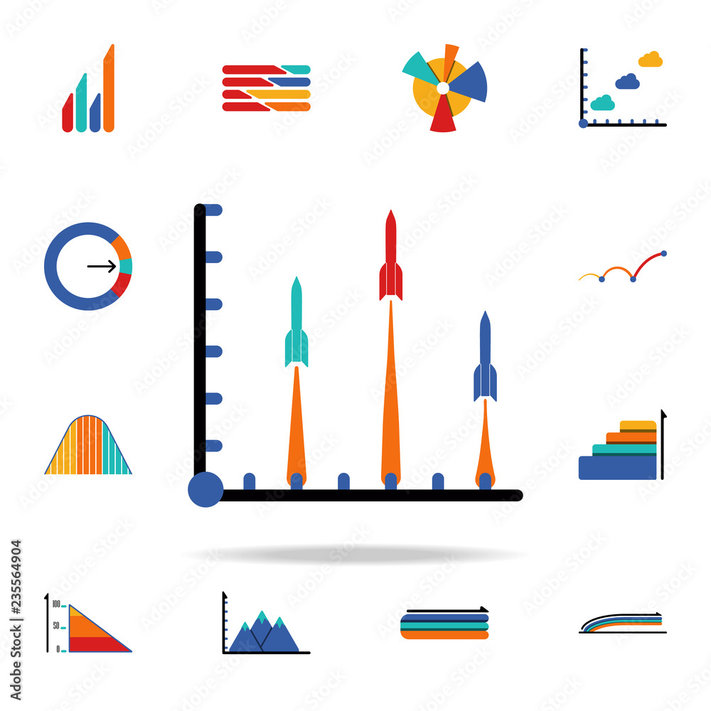 Poster colored infographic chart in rockets icon. business data graphics icons universal set for web and mo