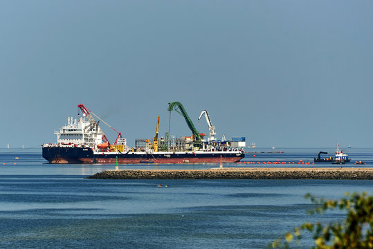 installation of Nordstream 2 gas pipe in Germany to Western Europe in Lubmin in 2018