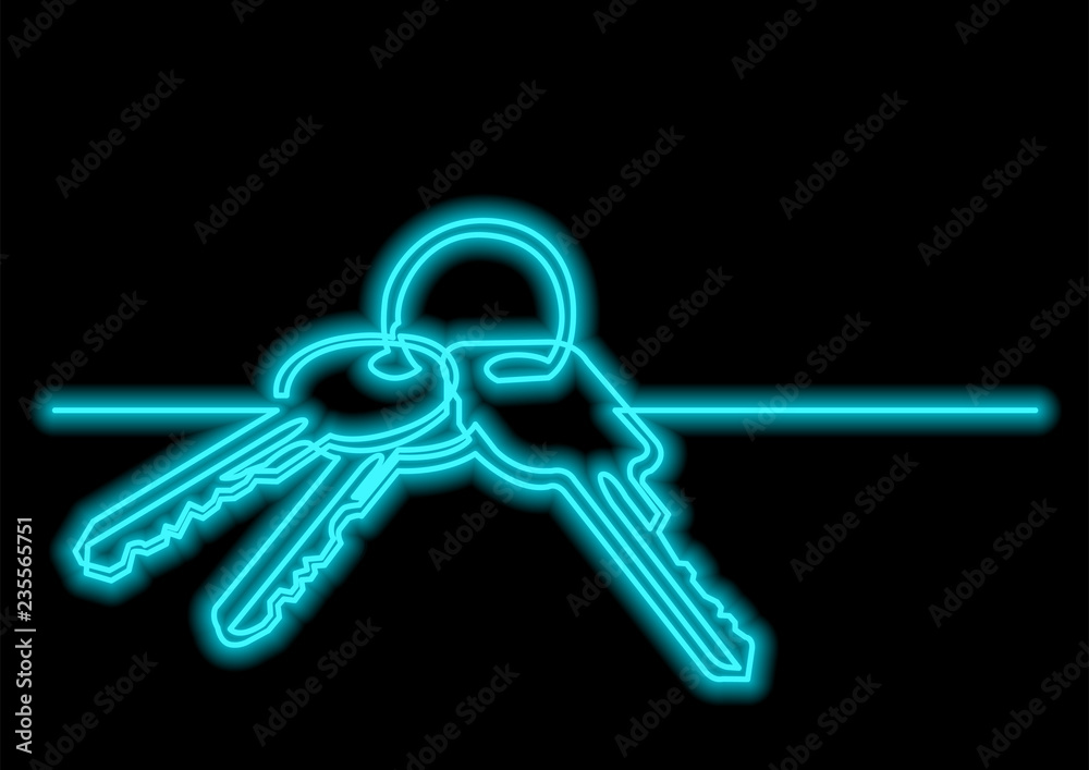Poster one line drawing of isolated vector object - keys with neon vector effect