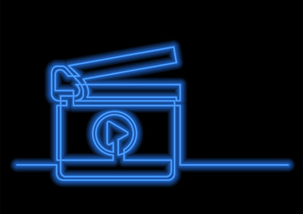 one line drawing of isolated vector object - movie production clapboard with neon vector effect