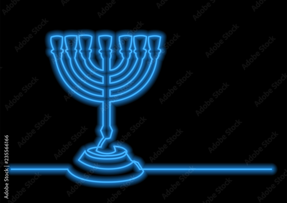 Poster one line drawing of isolated vector object - seven branch menorah with neon vector effect