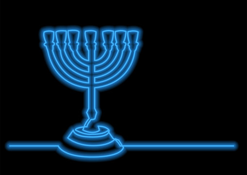 One Line Drawing Of Isolated Vector Object - Seven Branch Menorah With Neon Vector Effect