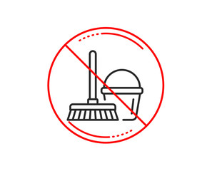 No or stop sign. Cleaning bucket with mop line icon. Washing Housekeeping equipment sign. Caution prohibited ban stop symbol. No  icon design.  Vector