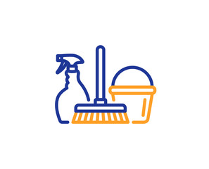 Cleaning service line icon. Spray, bucket and mop symbol. Housekeeping equipment sign. Colorful outline concept. Blue and orange thin line color icon. Household service Vector