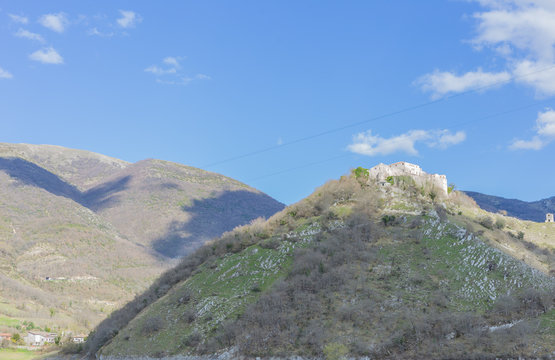 Castle of Antuni near the Turan Lake. Lake Turano, Lazio, Italy.