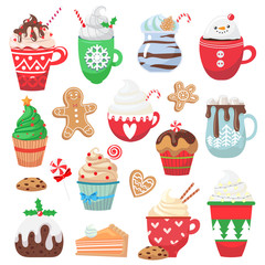 Set with holiday hot drink and dessert. Collection with funny cups. Cacao, tea, coffee, chocolate, milk, cookie, candy. Vector illustration