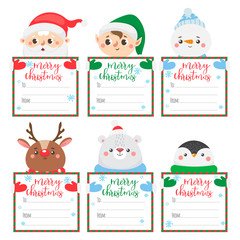 Set of Christmas and New Year labels with animals and Santa. Vector illustration.