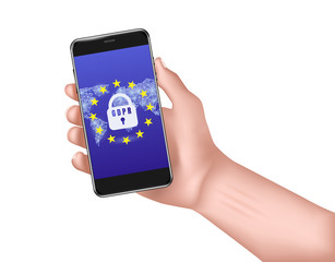 GDPR General Data Protection Regulation EU, Man's hand holds the phone isolated on white background. Vector stock illustration.
