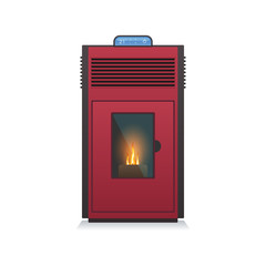 Pellet stove. Fireplace House heating. The Furnace turned on with fire inside. Vector stock illustration.