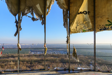 Aerial top panoramic scenery landscape  of Grunewald forest from terrace of abandon radio tower, Teufelsberg, in Berlin, Germany during winter season.