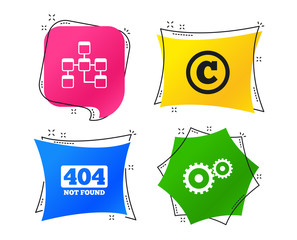 Website database icon. Copyrights and gear signs. 404 page not found symbol. Under construction. Geometric colorful tags. Banners with flat icons. Trendy design. Vector