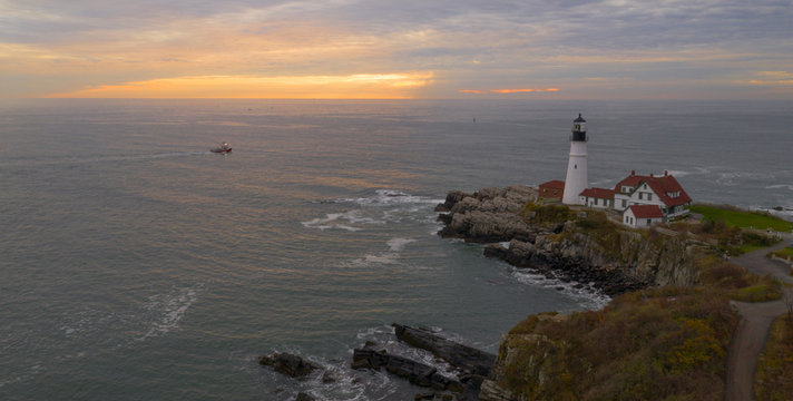 Aerial view Portland Head Lighthouse tower State of Maine Nautical