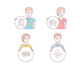 People set of Send mail, Education idea and Report document icons. Sms sign. Sent message, Quick tips, Statistics file. Conversation. Character hold circle button. Vector